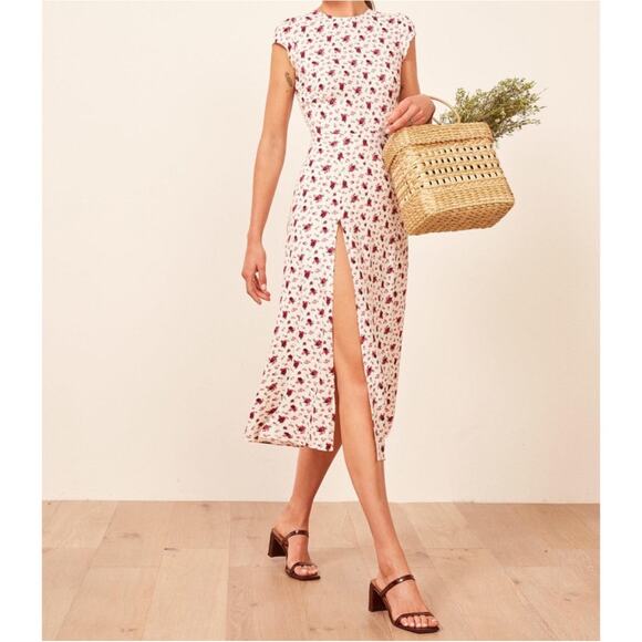 Reformation Ivory Floral Print Round Neck Cap Sleeve Open Back Maxi Dress 0 - Picture 1 of 16